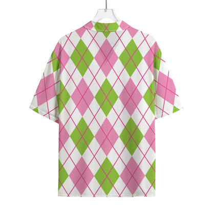 Pink Green And White Argyle Print Rayon Hawaiian Shirt