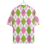 Pink Green And White Argyle Print Rayon Hawaiian Shirt