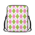 Pink Green And White Argyle Print Rectangular Crossbody Bag