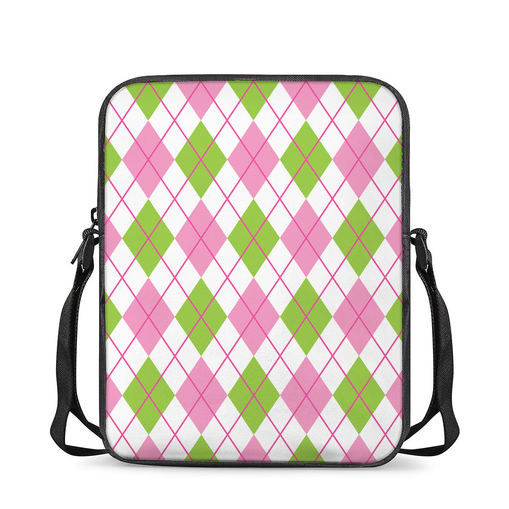 Pink Green And White Argyle Print Rectangular Crossbody Bag