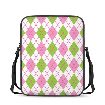 Pink Green And White Argyle Print Rectangular Crossbody Bag