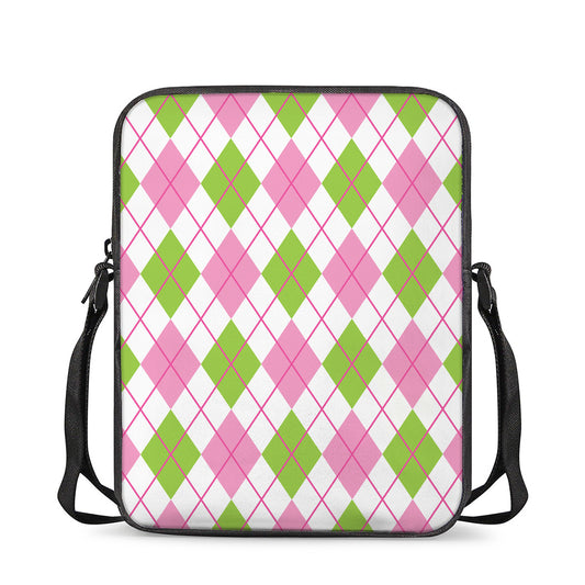 Pink Green And White Argyle Print Rectangular Crossbody Bag