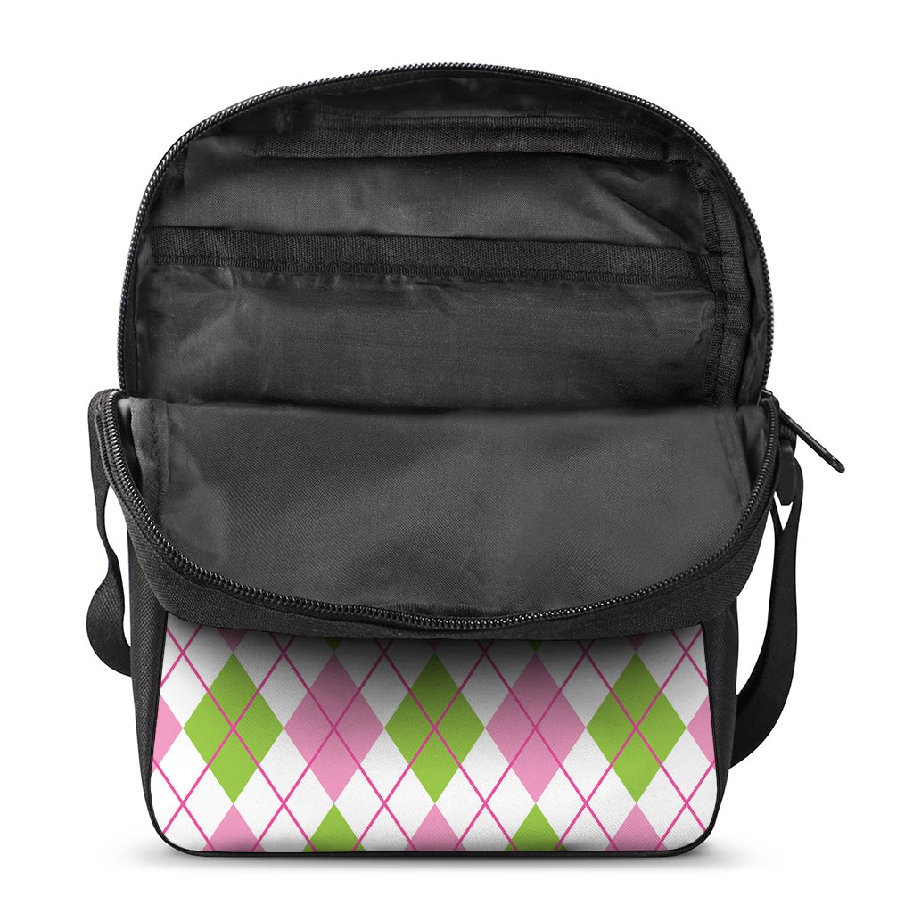 Pink Green And White Argyle Print Rectangular Crossbody Bag