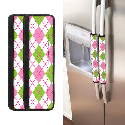 Pink Green And White Argyle Print Refrigerator Handle Covers