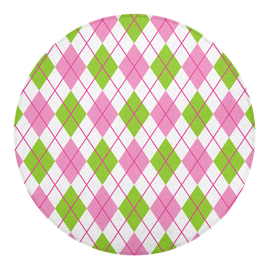 Pink Green And White Argyle Print Round Blanket