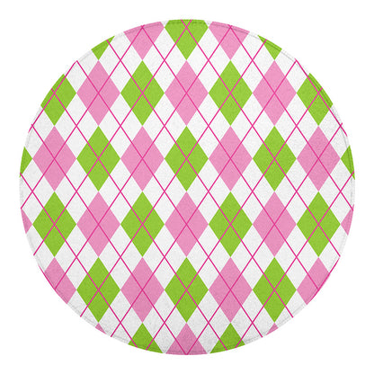 Pink Green And White Argyle Print Round Blanket