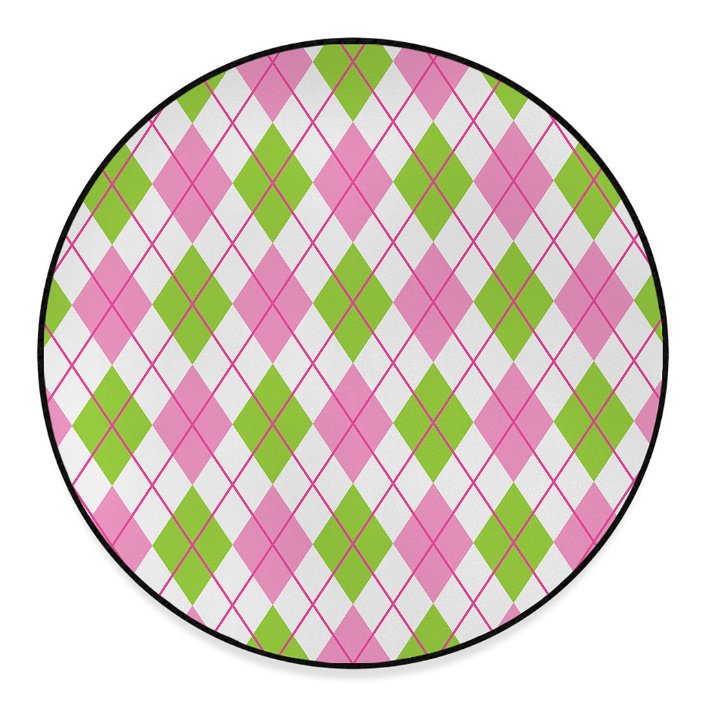 Pink Green And White Argyle Print Round Floor Mat