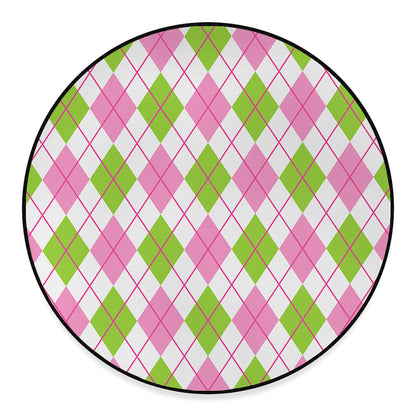 Pink Green And White Argyle Print Round Floor Mat