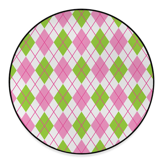 Pink Green And White Argyle Print Round Floor Mat