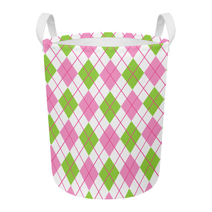 Pink Green And White Argyle Print Round Laundry Basket