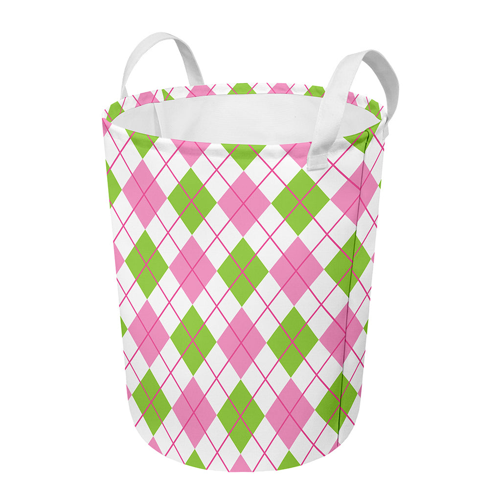 Pink Green And White Argyle Print Round Laundry Basket