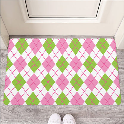 Pink Green And White Argyle Print Rubber Doormat