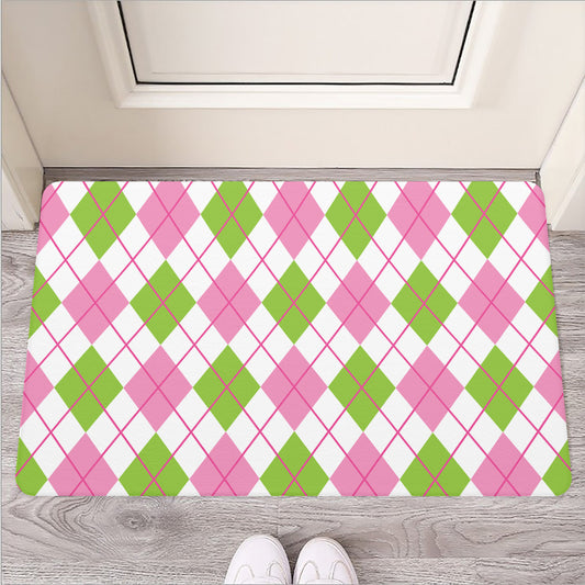 Pink Green And White Argyle Print Rubber Doormat