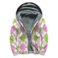 Pink Green And White Argyle Print Sherpa Lined Zip Up Hoodie