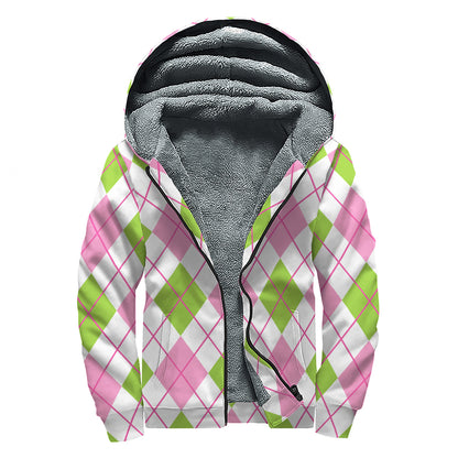 Pink Green And White Argyle Print Sherpa Lined Zip Up Hoodie
