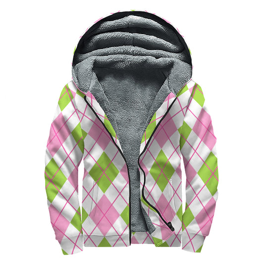 Pink Green And White Argyle Print Sherpa Lined Zip Up Hoodie