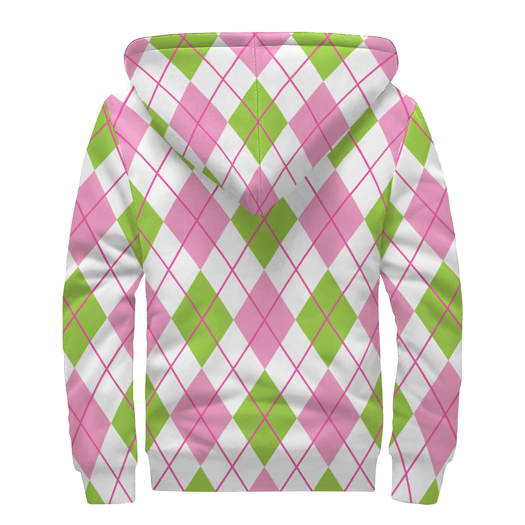 Pink Green And White Argyle Print Sherpa Lined Zip Up Hoodie