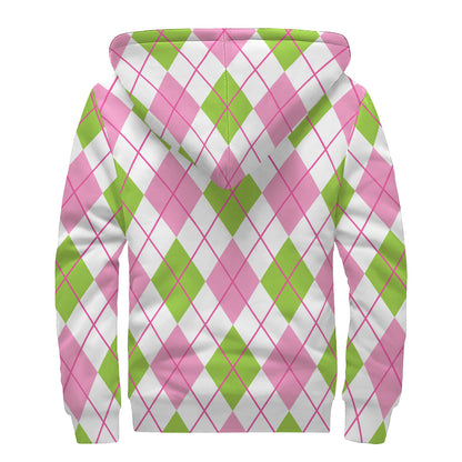 Pink Green And White Argyle Print Sherpa Lined Zip Up Hoodie