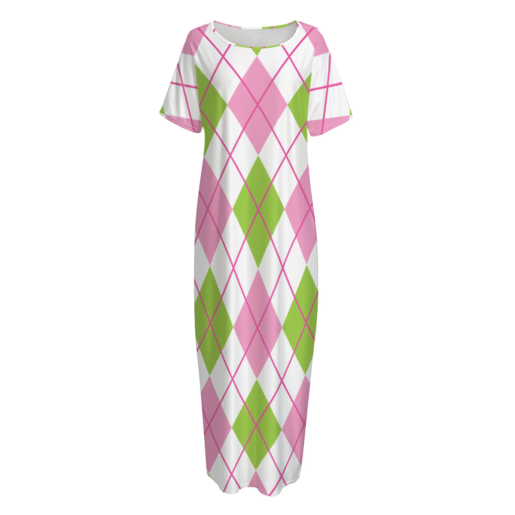 Pink Green And White Argyle Print Short Sleeve Long Nightdress