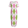 Pink Green And White Argyle Print Short Sleeve Long Nightdress