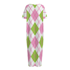 Pink Green And White Argyle Print Short Sleeve Long Nightdress