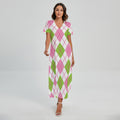 Pink Green And White Argyle Print Short Sleeve Maxi Dress