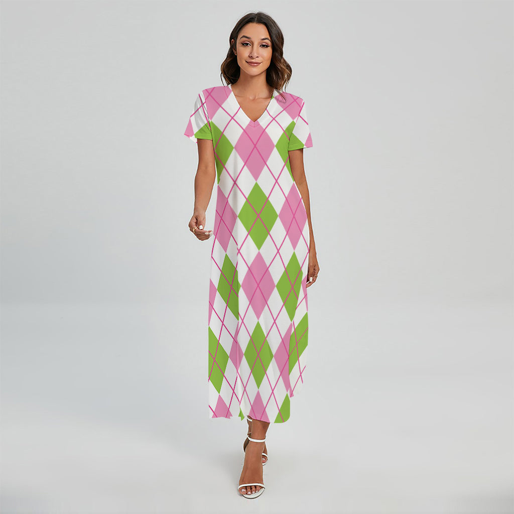 Pink Green And White Argyle Print Short Sleeve Maxi Dress