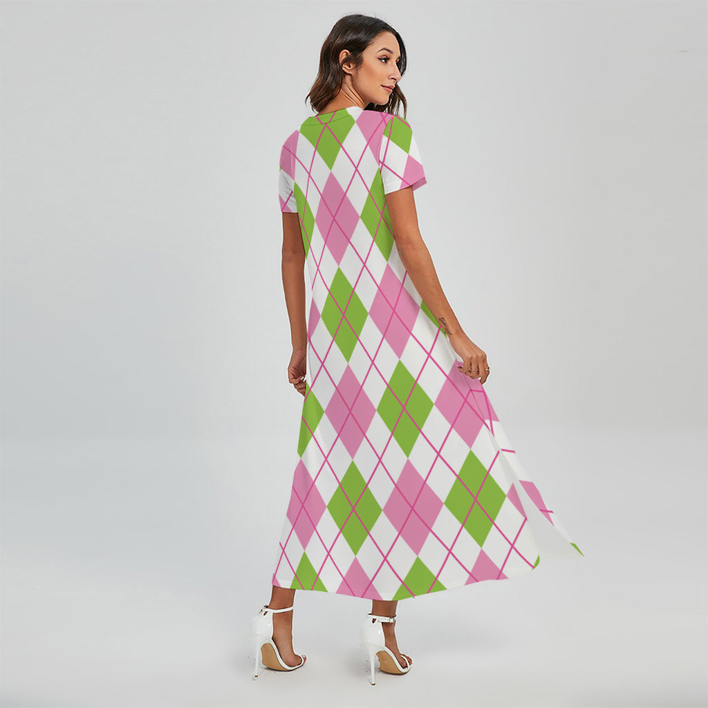 Pink Green And White Argyle Print Short Sleeve Maxi Dress