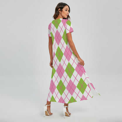 Pink Green And White Argyle Print Short Sleeve Maxi Dress