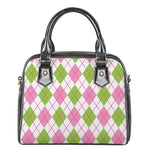 Pink Green And White Argyle Print Shoulder Handbag