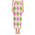 Pink Green And White Argyle Print Side Slit Maxi Skirt