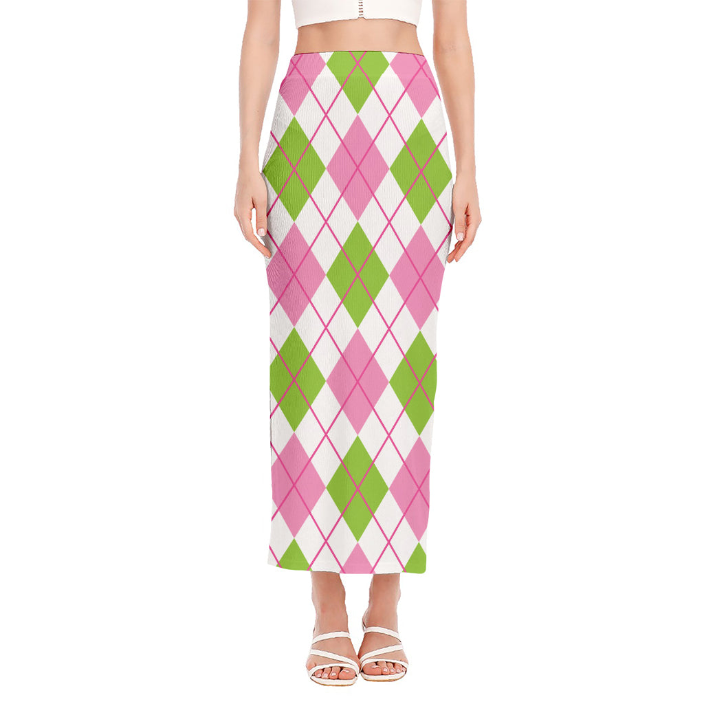 Pink Green And White Argyle Print Side Slit Maxi Skirt