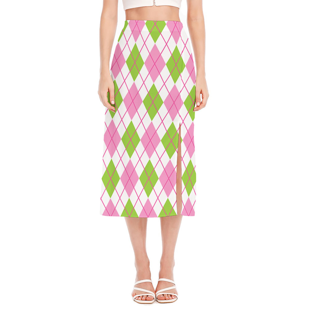 Pink Green And White Argyle Print Side Slit Midi Skirt