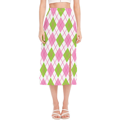 Pink Green And White Argyle Print Side Slit Midi Skirt