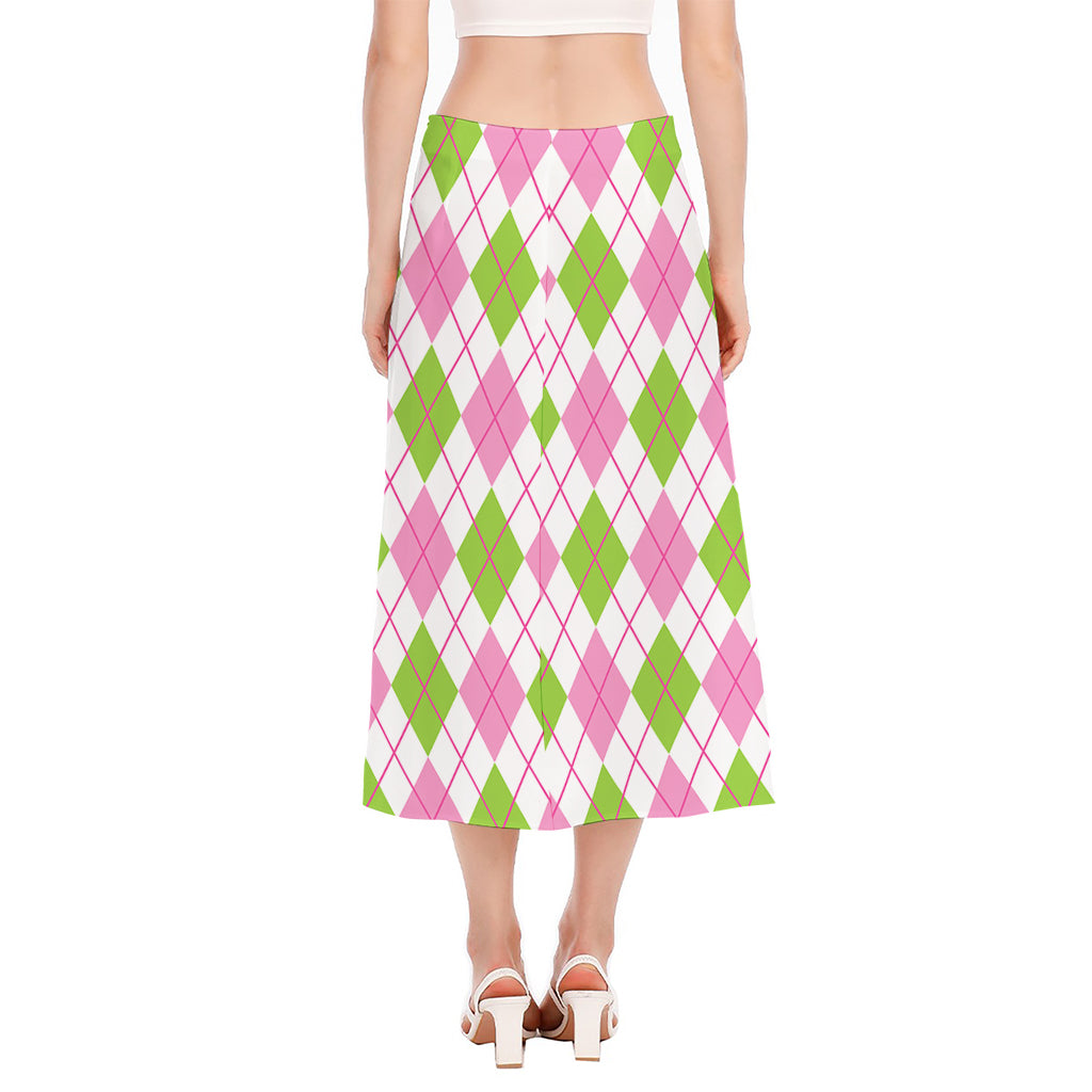 Pink Green And White Argyle Print Side Slit Midi Skirt