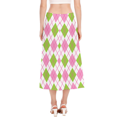 Pink Green And White Argyle Print Side Slit Midi Skirt