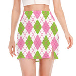 Pink Green And White Argyle Print Side Slit Mini Skirt