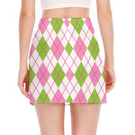 Pink Green And White Argyle Print Side Slit Mini Skirt