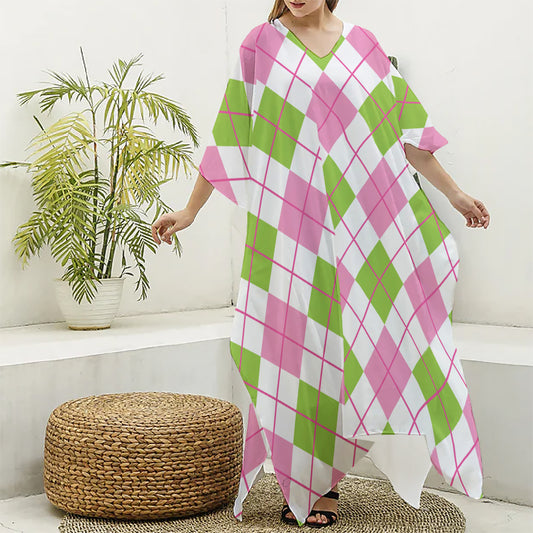 Pink Green And White Argyle Print Silk V-Neck Kaftan Dress
