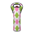 Pink Green And White Argyle Print Single Neoprene Wine Tote