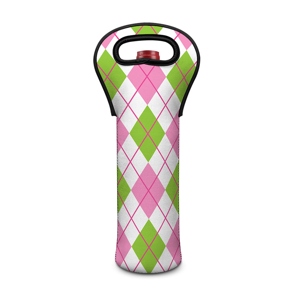 Pink Green And White Argyle Print Single Neoprene Wine Tote