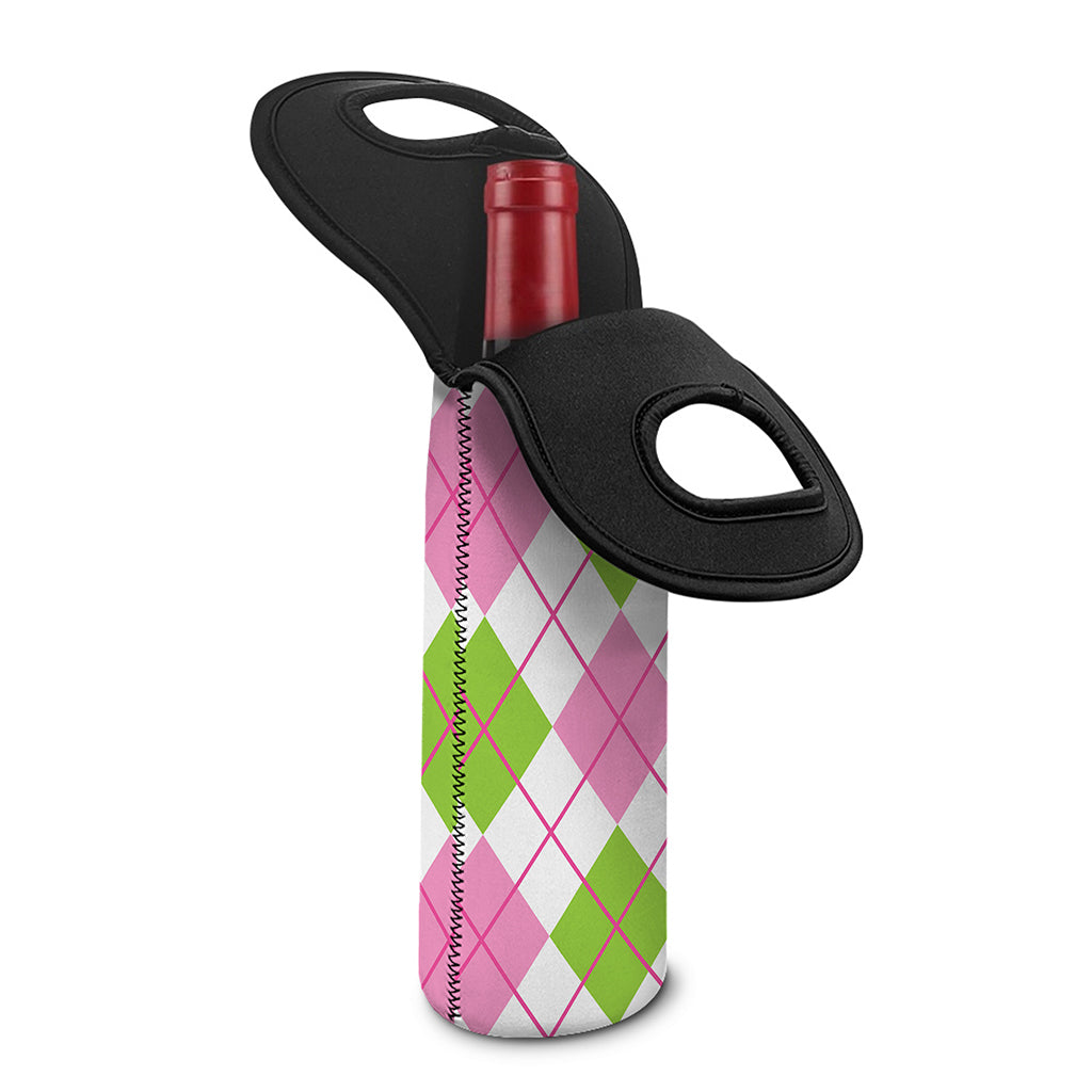 Pink Green And White Argyle Print Single Neoprene Wine Tote