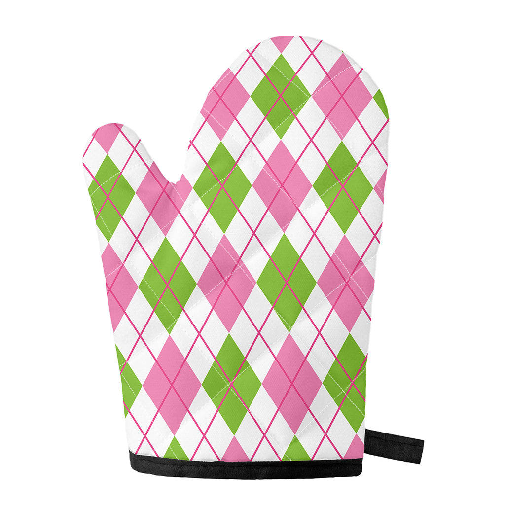 Pink Green And White Argyle Print Single Oven Mitt