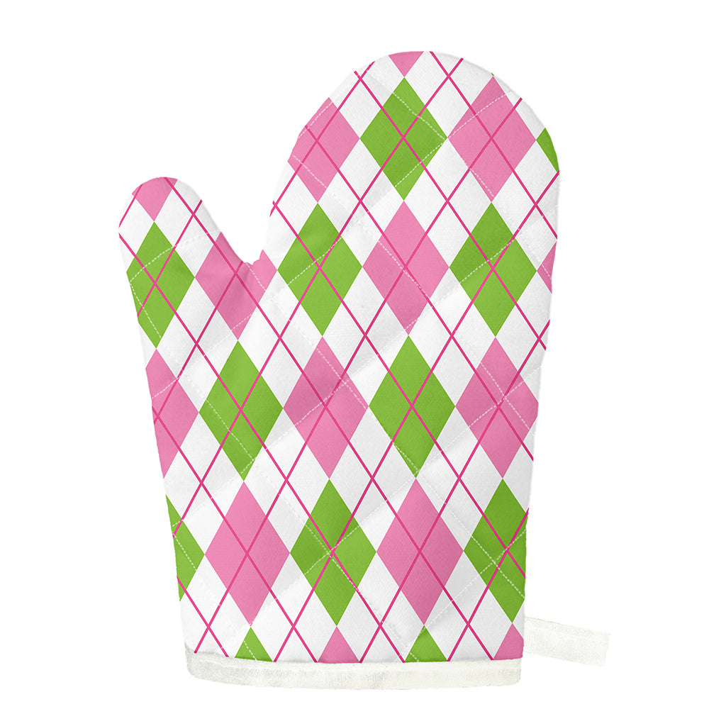 Pink Green And White Argyle Print Single Oven Mitt