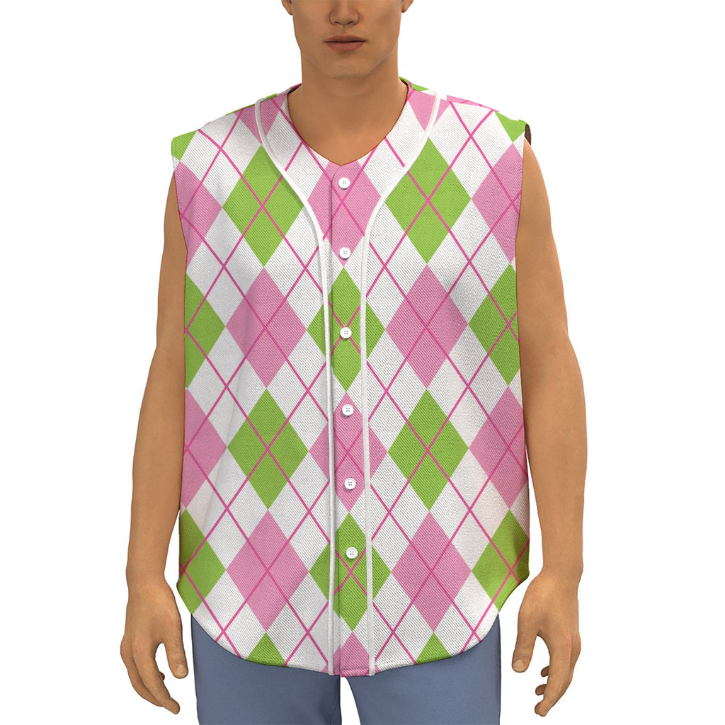 Pink Green And White Argyle Print Sleeveless Baseball Jersey