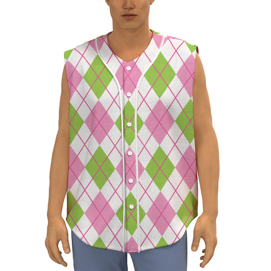 Pink Green And White Argyle Print Sleeveless Baseball Jersey