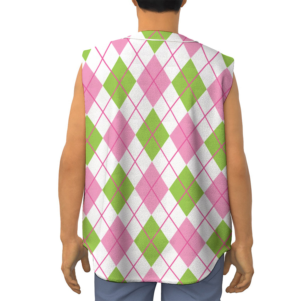 Pink Green And White Argyle Print Sleeveless Baseball Jersey