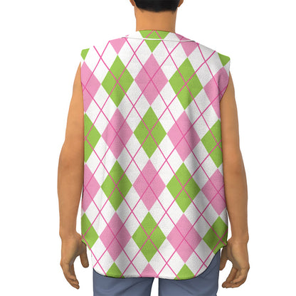 Pink Green And White Argyle Print Sleeveless Baseball Jersey
