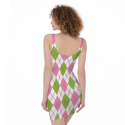 Pink Green And White Argyle Print Sleeveless Bodycon Dress