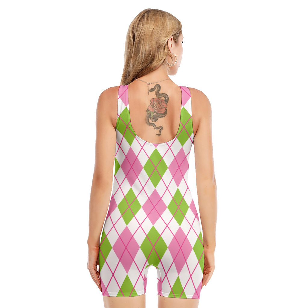 Pink Green And White Argyle Print Sleeveless One Piece Swimsuit